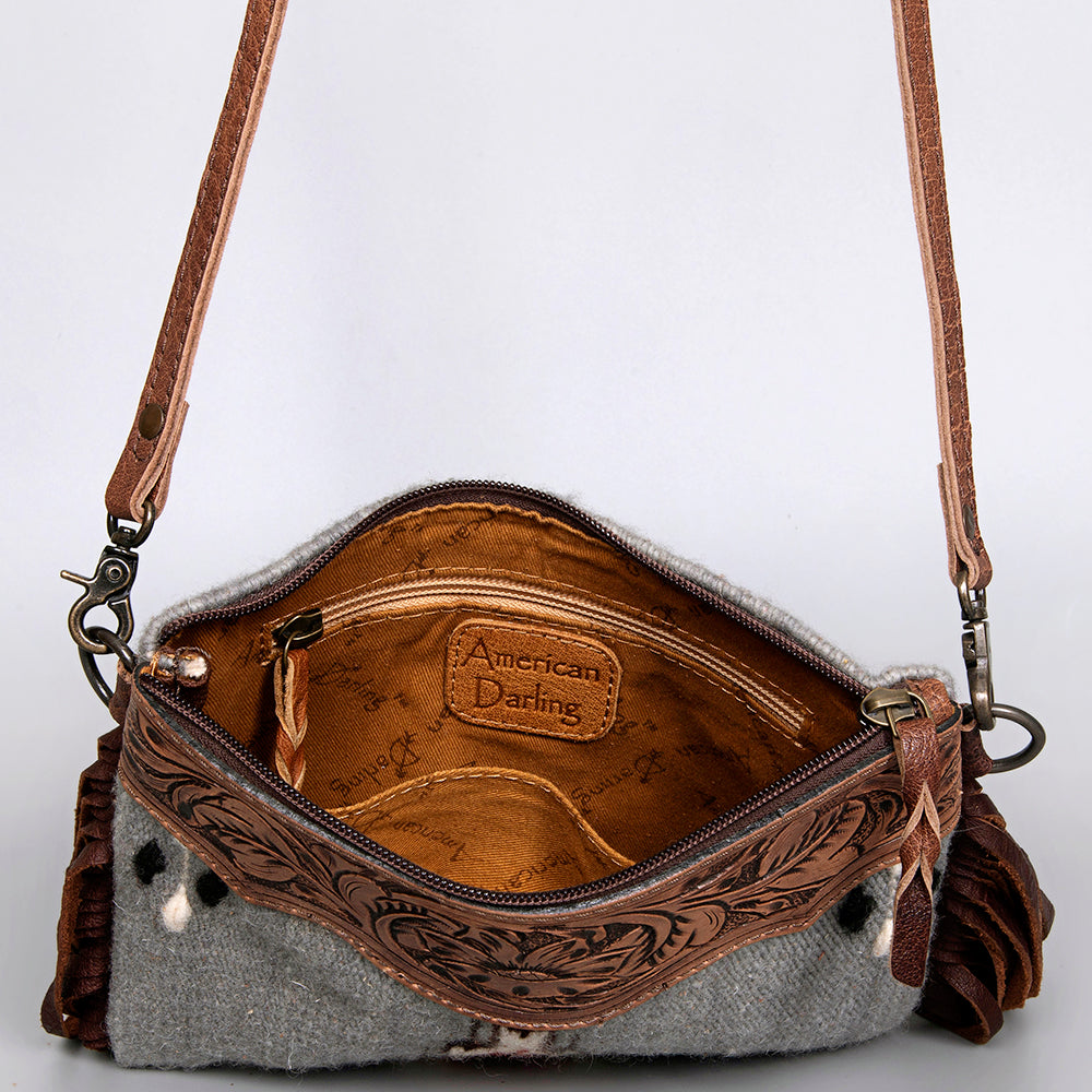 American Darling Western Cross body Bag Hand Tooled Floral Leather & Hand Woven Saddle Blanket with Fringes