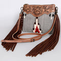 American Darling Western Cross body Bag Hand Tooled Floral Leather & Hand Woven Saddle Blanket with Fringes