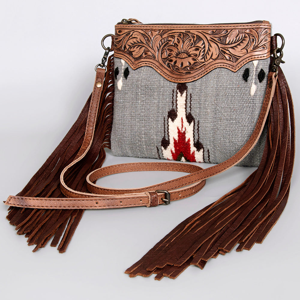 American Darling Western Cross body Bag Hand Tooled Floral Leather & Hand Woven Saddle Blanket with Fringes
