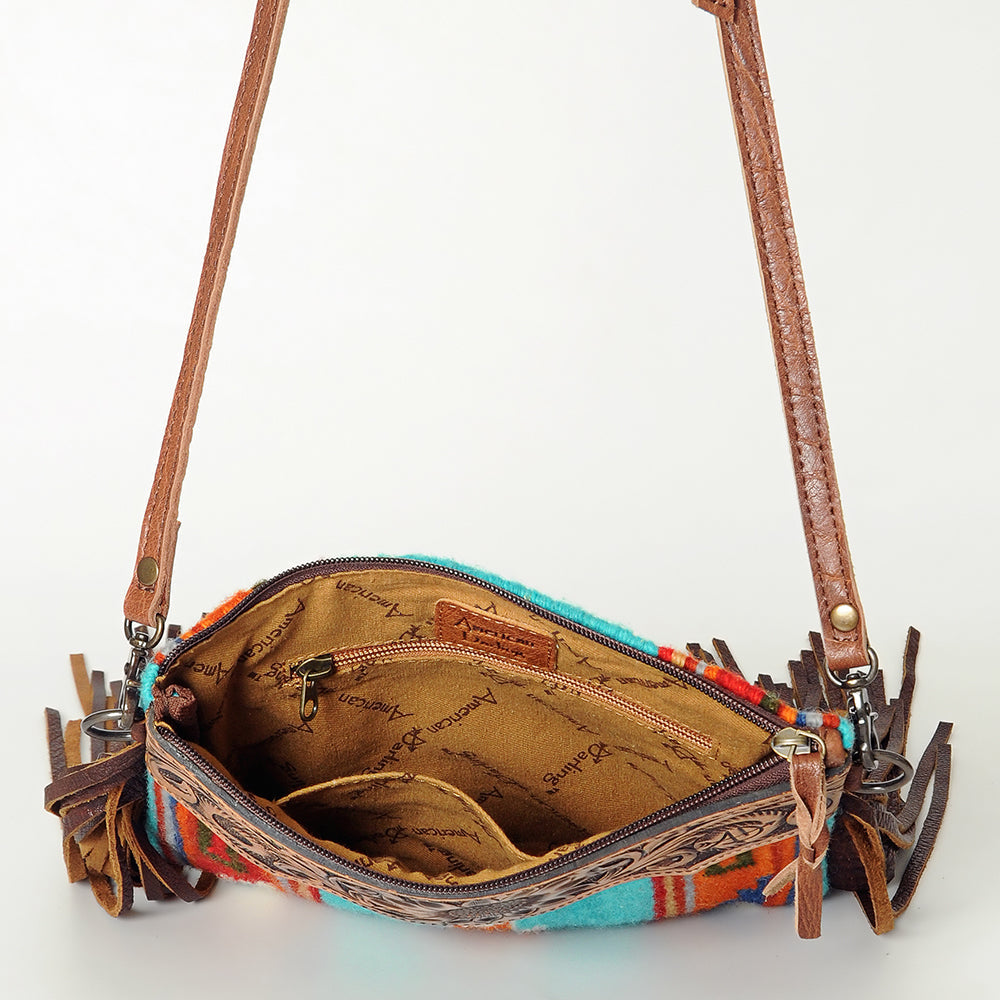 American Darling Western Cross body Bag Hand Tooled Floral Leather & Hand Woven Saddle Blanket with Fringes