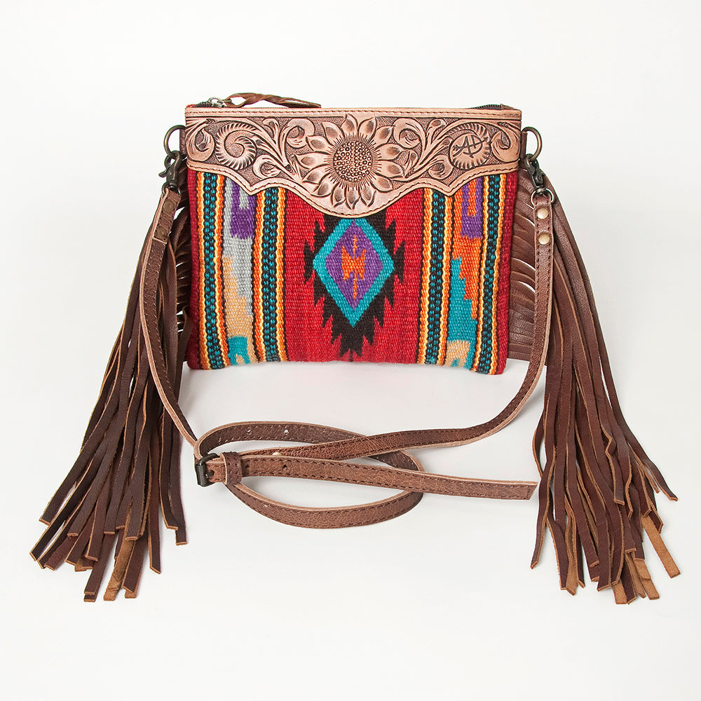 American Darling Western Cross body Bag Hand Tooled Floral Leather & Hand Woven Saddle Blanket with Fringes