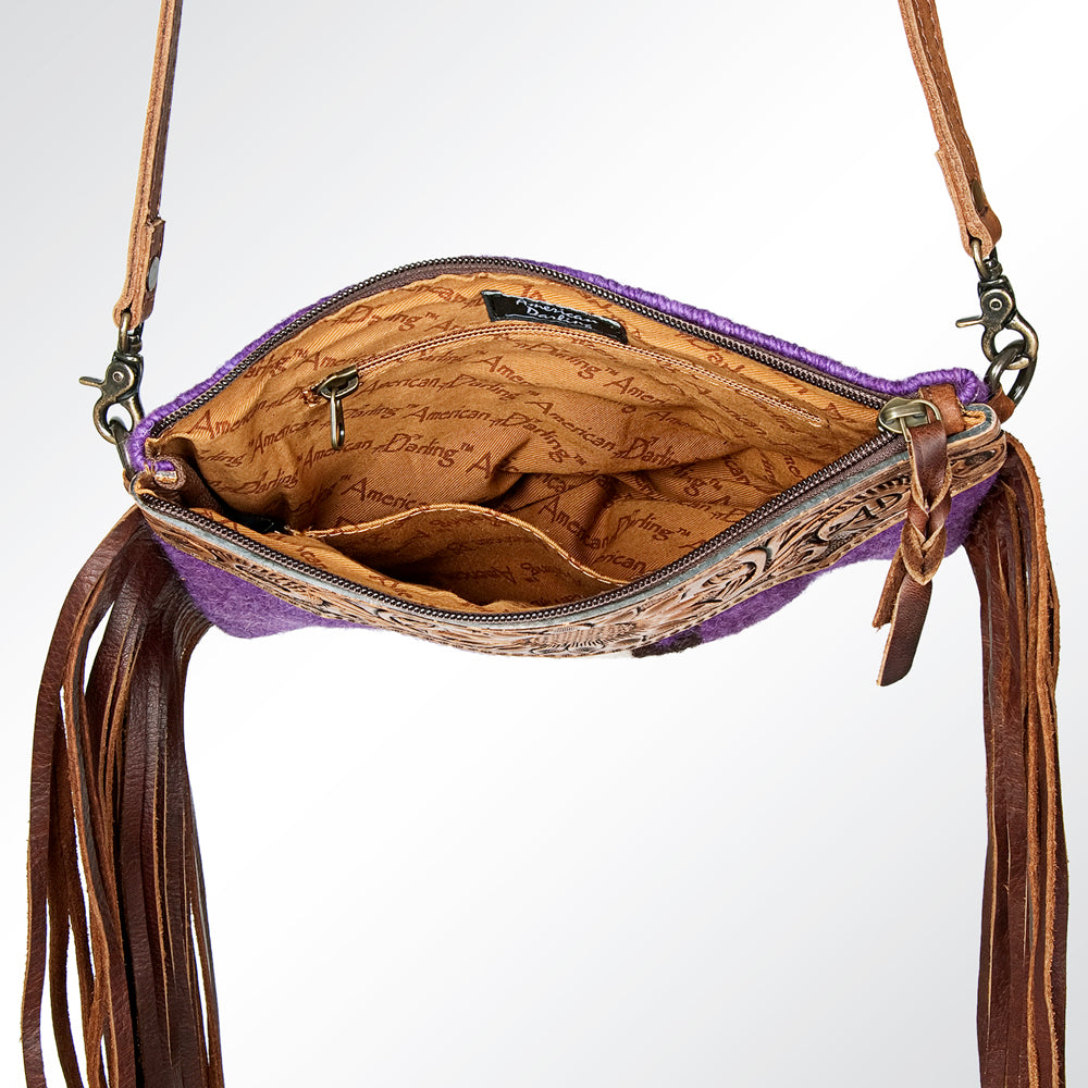 American Darling Western Cross body Bag Hand Tooled Floral Leather & Hand Woven Saddle Blanket with Fringes