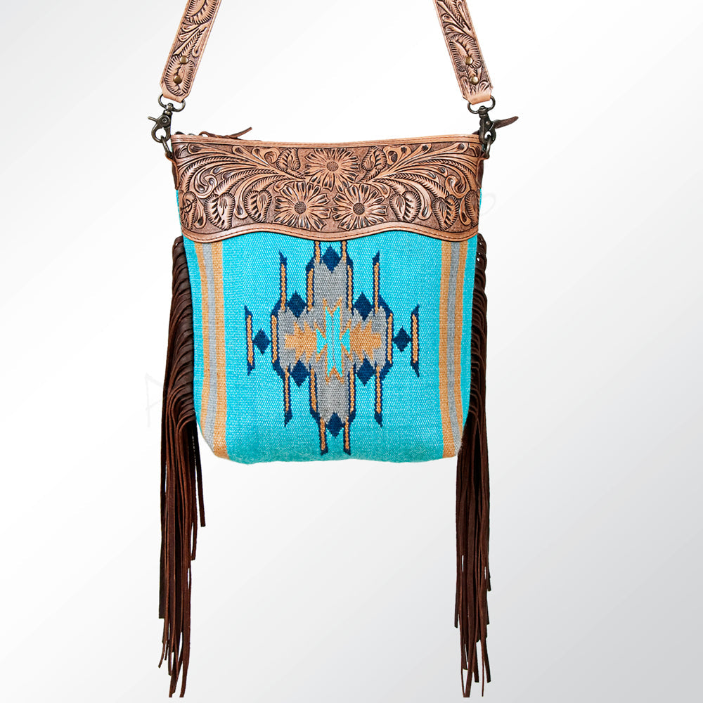 American Darling Signature Cross Body Bag Hand Tooled Floral Carved Leather Woven Saddle Blanket Fringes Genuine Leather