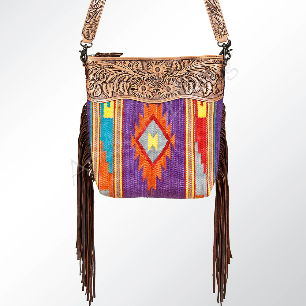 American Darling Signature Cross Body Bag Hand Tooled Floral Carved Leather Woven Saddle Blanket Fringes Genuine Leather