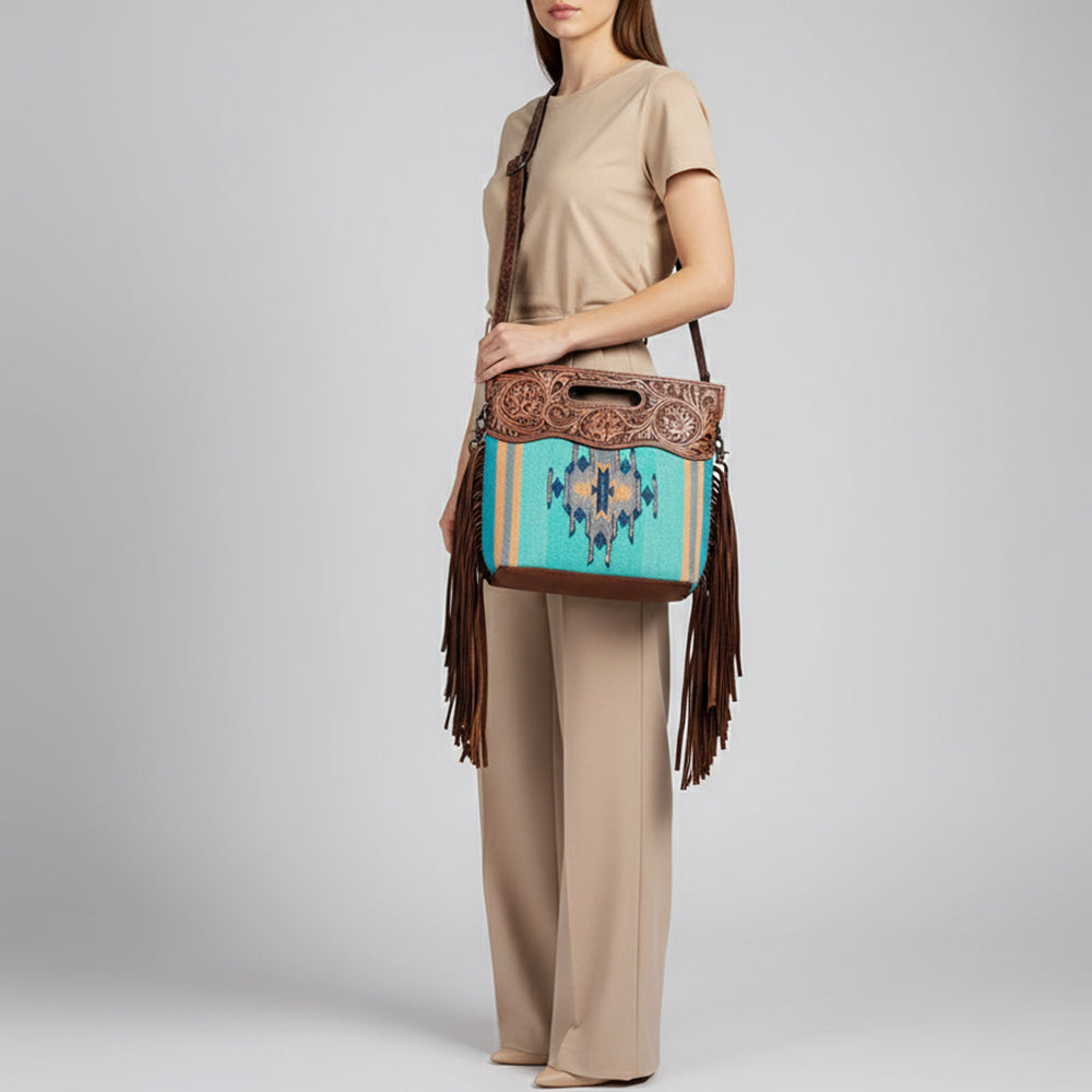 American Darling Clutch Hand Tooled Saddle Blanket Fabric Genuine Leather Western Women Bag Handbag Purse | Purses for Cute