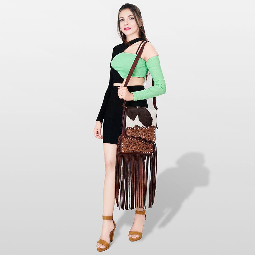 American Darling Hand-Tooled Hair-On Genuine Leather Crossbody Bag