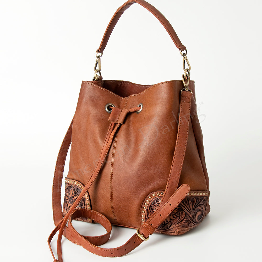 American Darling Hobo Bag, Hand-Tooled Floral Western Leather Purse with Drawstring, 12in (H) X 15in (W) X 6in (D)
