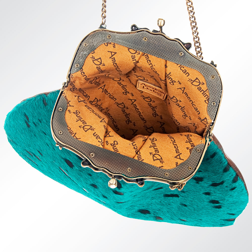 American Darling Coin Purse Bag Hair-On Cowhide Genuine Leather Western Pouch with Vintage Frame and Chain Strap