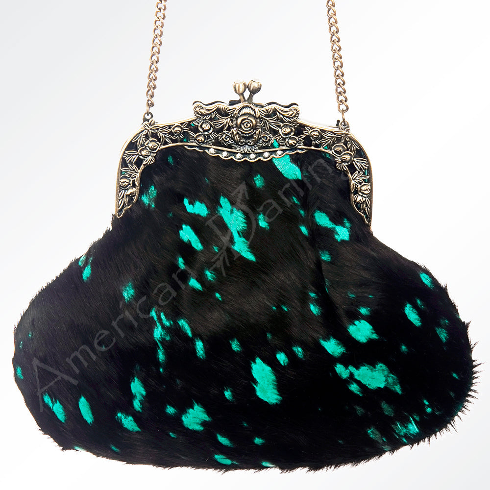 American Darling Coin Purse Bag Hair-On Cowhide Genuine Leather Western Pouch with Vintage Frame and Chain Strap