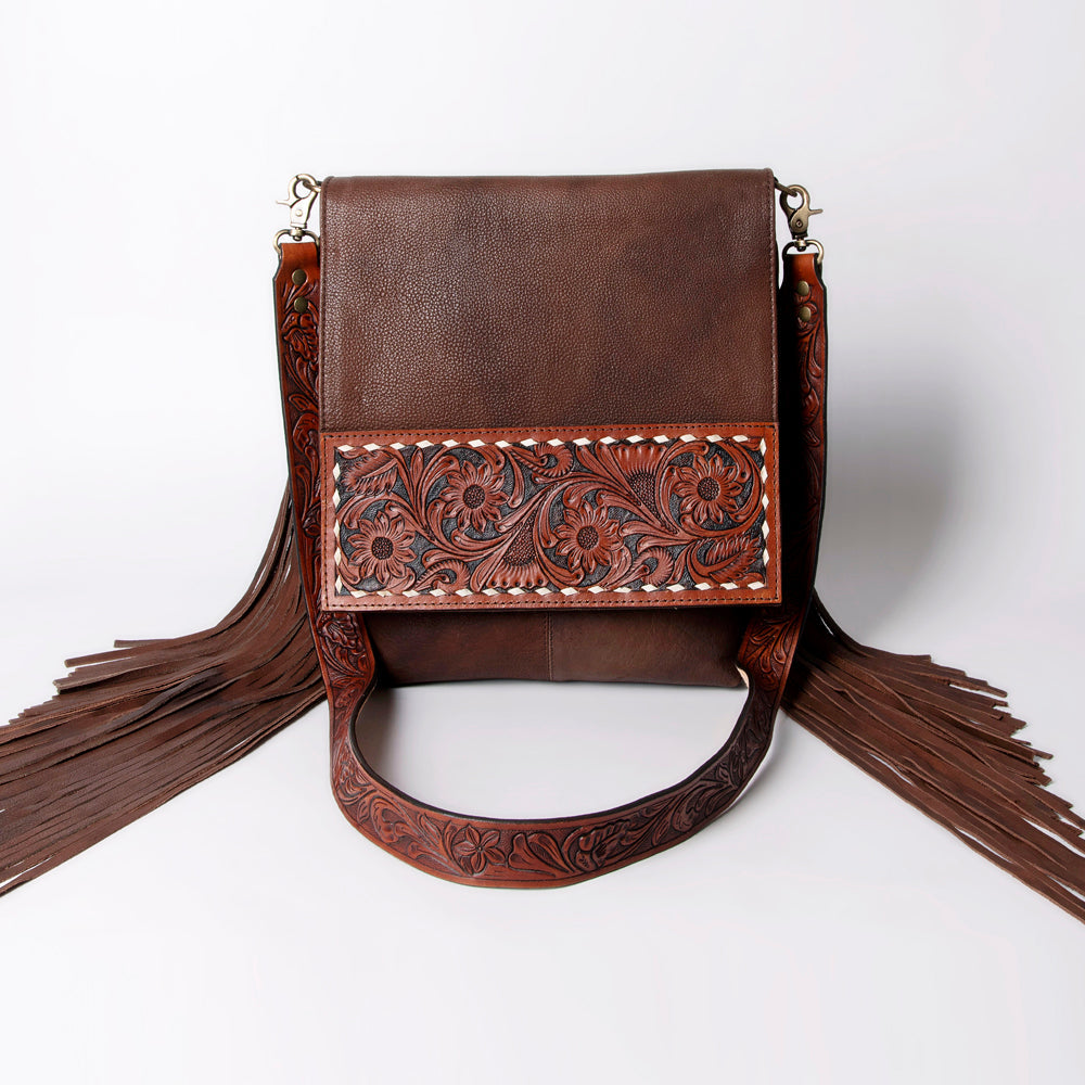 American Darling Messenger Hand Tooled Floral Carved Genuine Leather with Fringes Buck Stitched Western Accessories