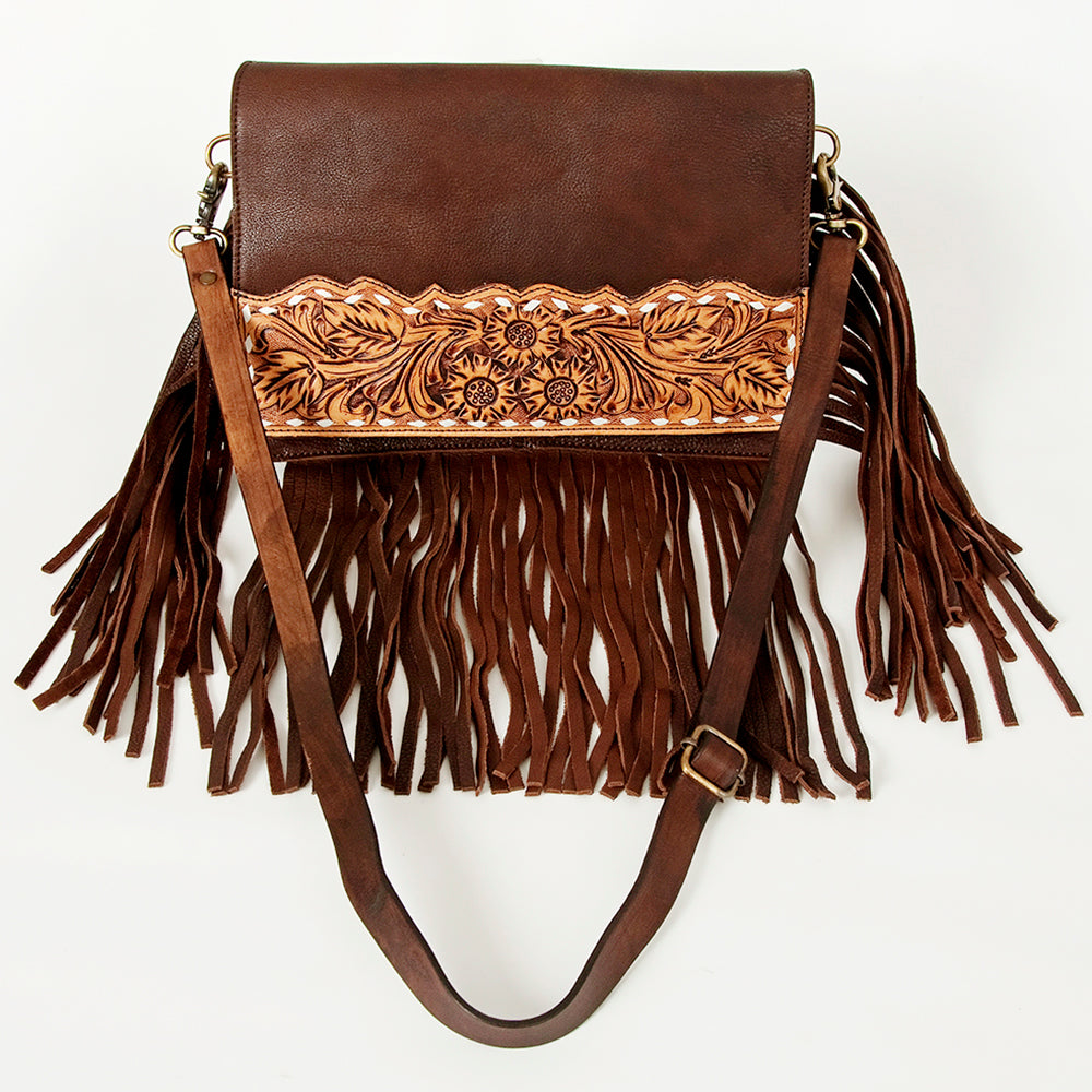 American Darling Large Cross body Bag Hand Tooled Floral Carved Genuine Leather with Fringes Western Purse