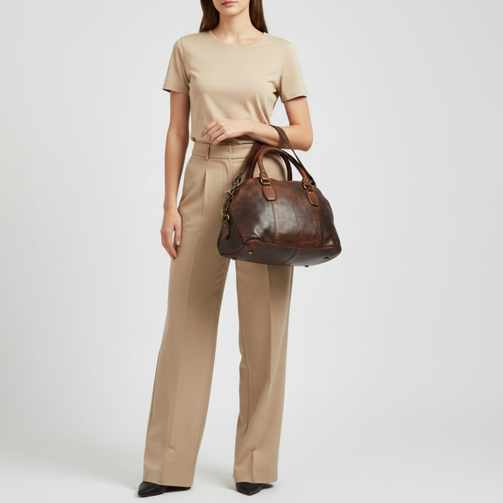 Spaghetti Western Swc124Bbrn Tote Vintage Handmade Drum Dyed Genuine European Cowhide Leather Women Bag Western Handbag Purse