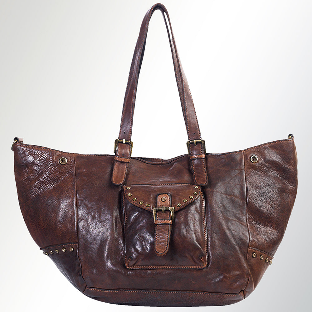 Spaghetti Western Tote Vintage Handmade Drum Dyed Genuine European Cowhide Leather