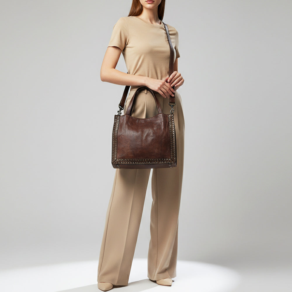 Spaghetti Western Swc133Brn Tote Vintage Handmade Drum Dyed Genuine European Cowhide Leather Women Bag Western Handbag Purse