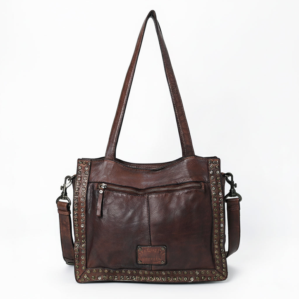 Spaghetti Western Swc133Brn Tote Vintage Handmade Drum Dyed Genuine European Cowhide Leather Women Bag Western Handbag Purse