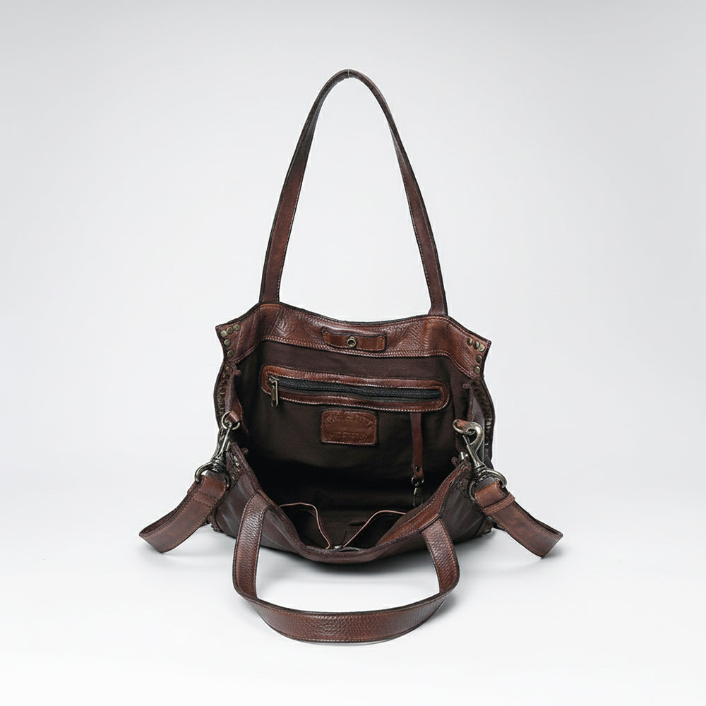 Spaghetti Western Swc133Brn Tote Vintage Handmade Drum Dyed Genuine European Cowhide Leather Women Bag Western Handbag Purse