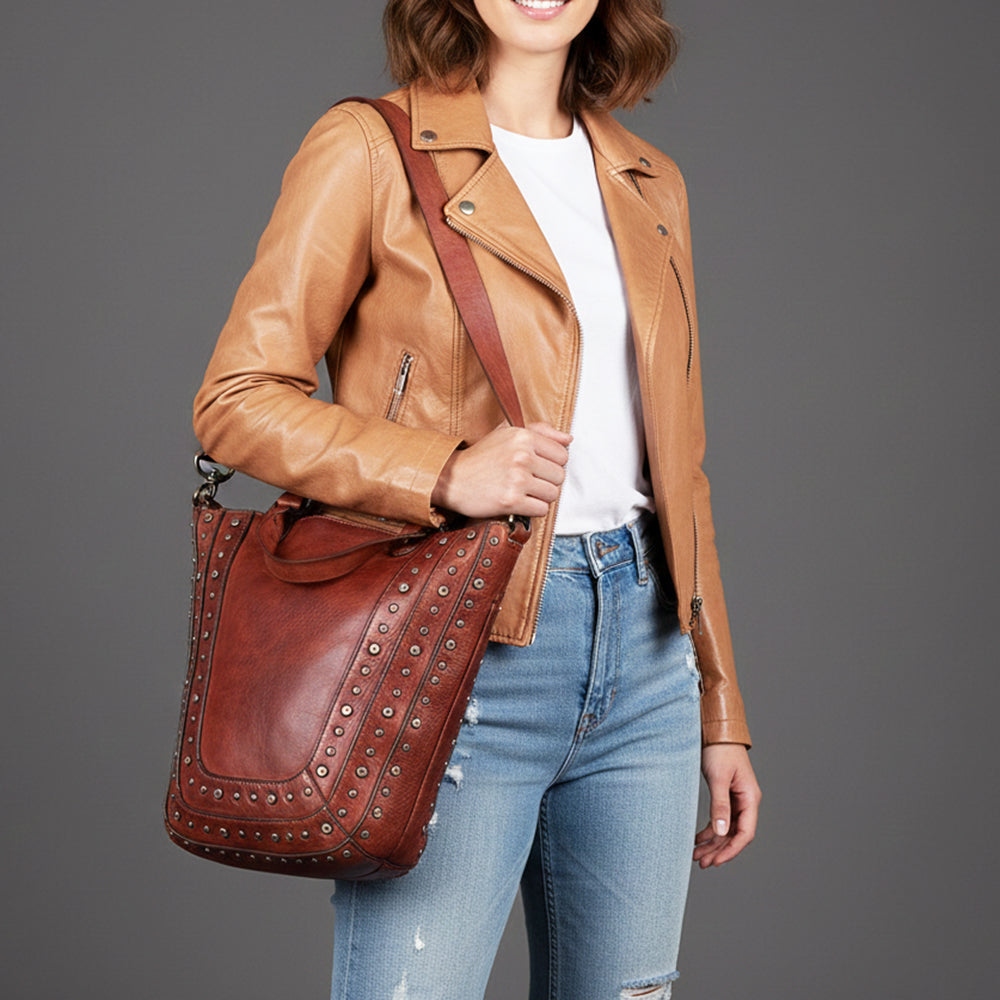 Spaghetti Western Swc134Cg Tote Vintage Handmade Drum Dyed Genuine European Cowhide Leather Women Bag Western Handbag Purse