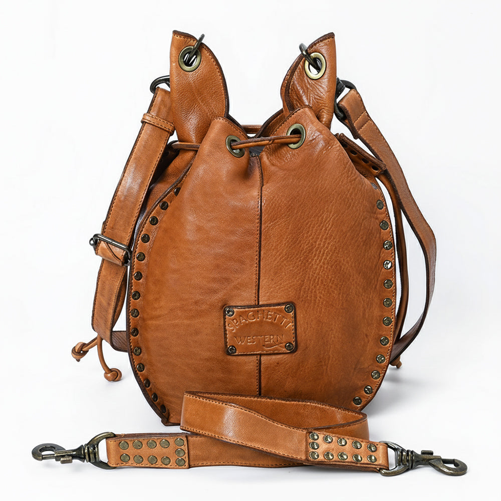 Spaghetti Western Swc137Tan Bucket Vintage Handmade Drum Dyed Genuine European Cowhide Leather Women Bag Western Handbag Purse