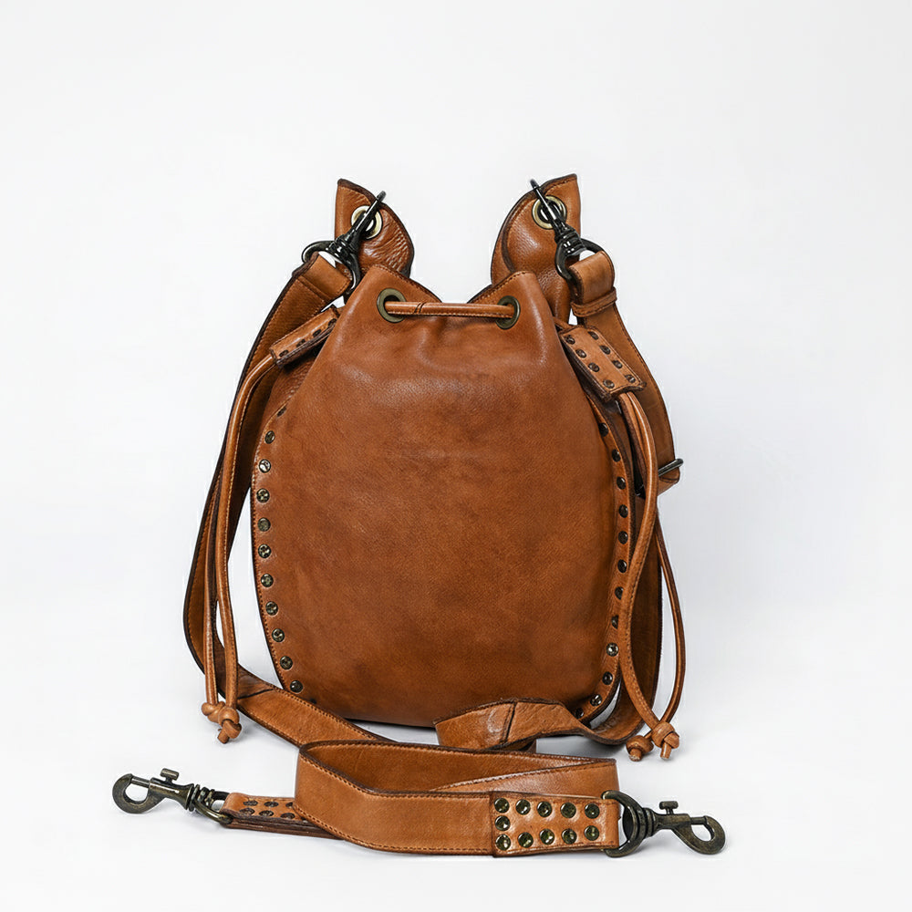 Spaghetti Western Swc137Tan Bucket Vintage Handmade Drum Dyed Genuine European Cowhide Leather Women Bag Western Handbag Purse