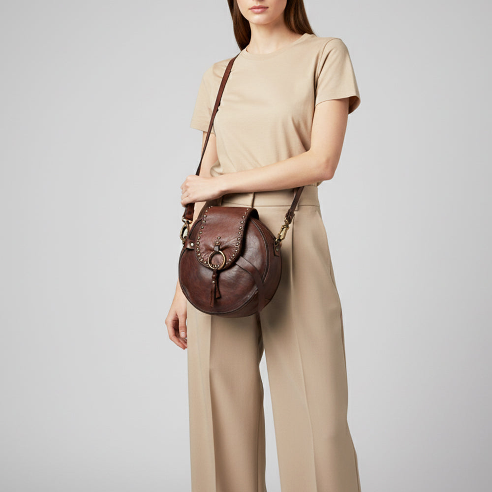 Spaghetti Western Swc152Brn Canteen Vintage Handmade Drum Dyed Genuine European Cowhide Leather Women Bag Western Handbag Purse