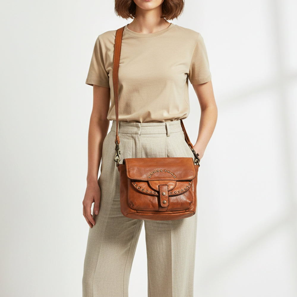 Spaghetti Western Swc162Tan Cross Body I Vintage Handmade Drum Dyed Genuine European Cowhide Leather Women Bag Western Handbag Purse