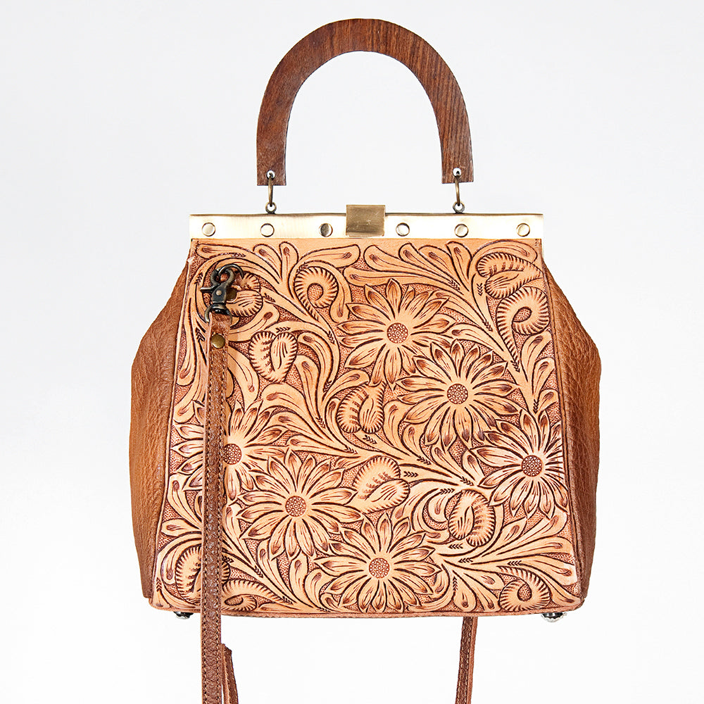 American Darling Vintage-Inspired Tooled Leather HandBag with Wooden Handle