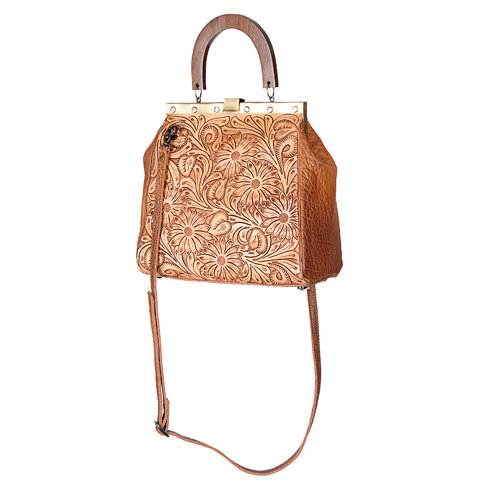 American Darling Vintage-Inspired Tooled Leather HandBag with Wooden Handle