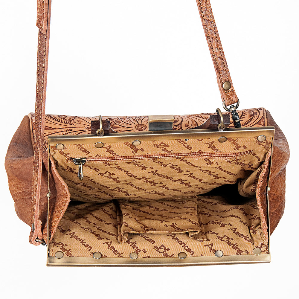 American Darling Vintage-Inspired Tooled Leather HandBag with Wooden Handle