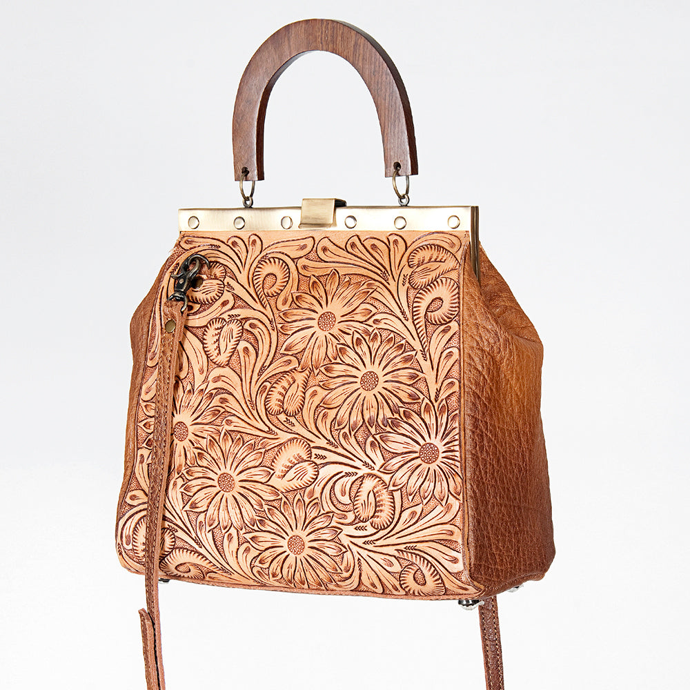 American Darling Vintage-Inspired Tooled Leather HandBag with Wooden Handle