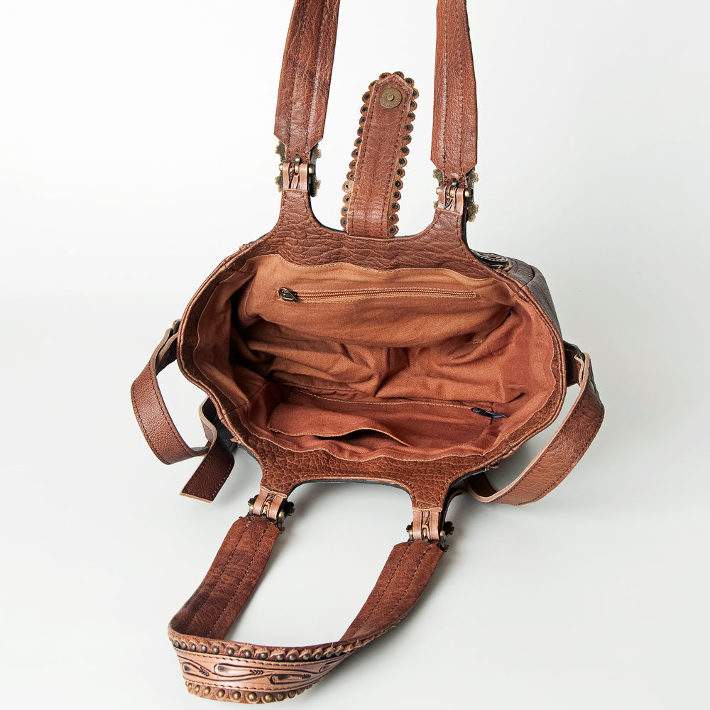 American Darling Tote Bag Western Hand Tooled Floral Genuine Leather Purse with Turquoise Concho & Rivetted Detail for Women
