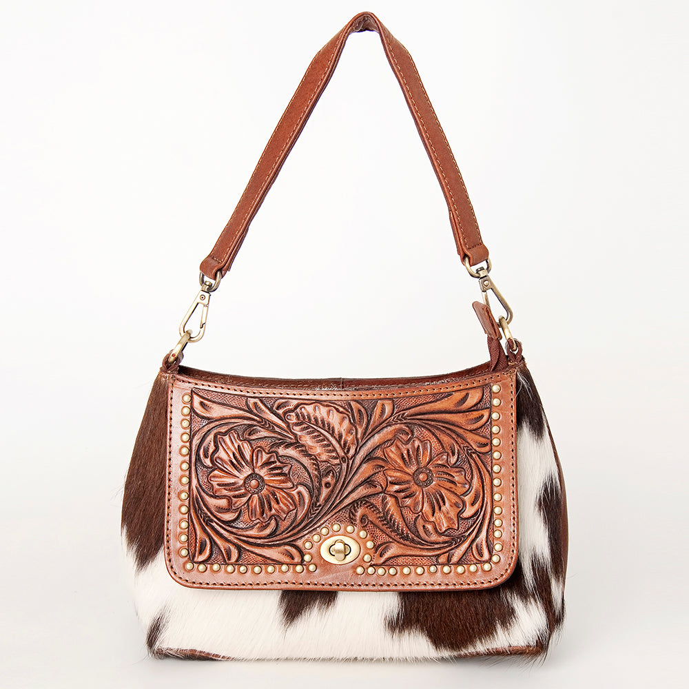American Darling Hobo Bag, Hand-Tooled Floral Western Leather Purse with Hair-On Cowhide, 8.5in (H) X 12.5in (W)