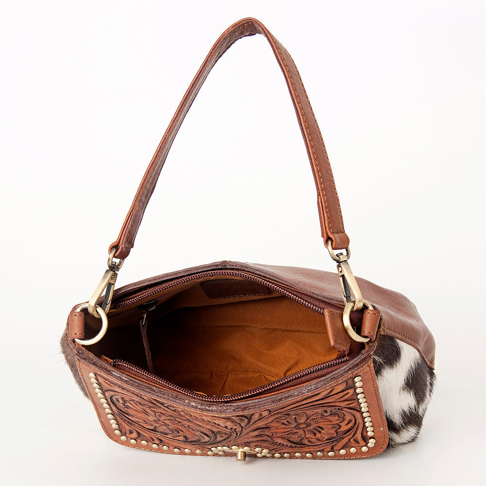 American Darling Hobo Bag, Hand-Tooled Floral Western Leather Purse with Hair-On Cowhide, 8.5in (H) X 12.5in (W)