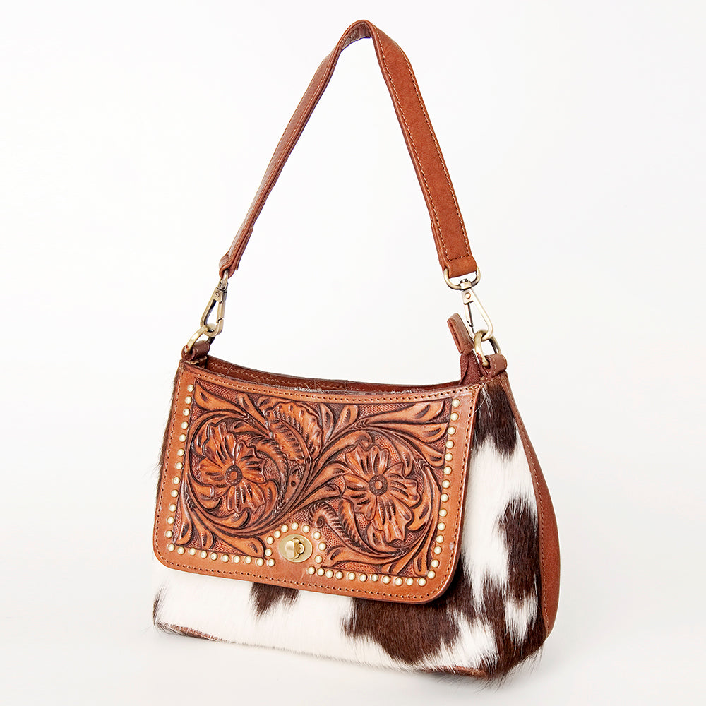 American Darling Hobo Bag, Hand-Tooled Floral Western Leather Purse with Hair-On Cowhide, 8.5in (H) X 12.5in (W)