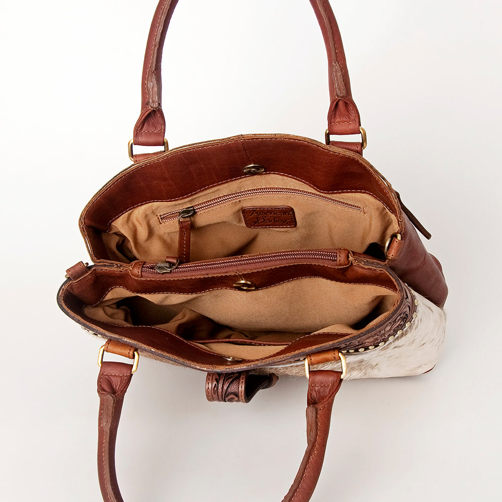 American Darling Tote Bag, Hand-Tooled Floral Western Leather Purse, Hair-On Cowhide Pattern, 9.25in (H) X 15.5in (W) X 5in (D)