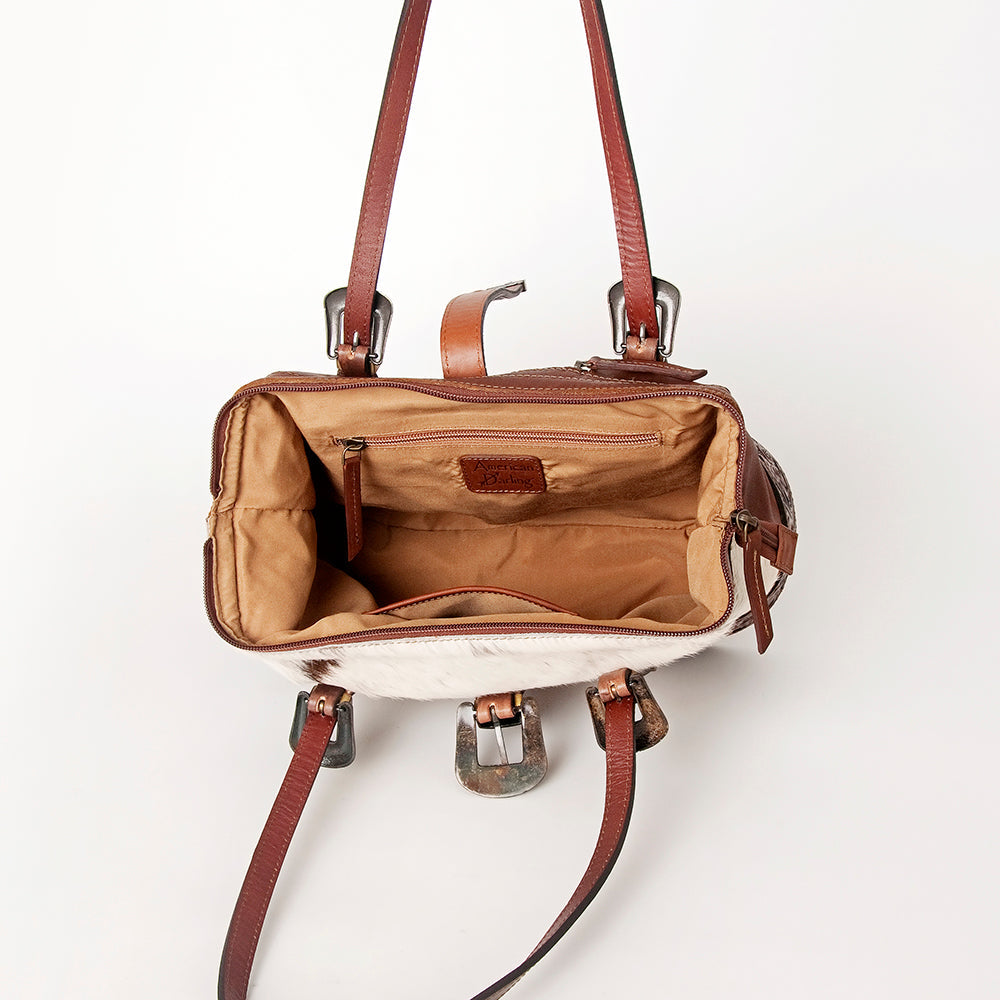 American Darling Tote Bag, Hand-Tooled Floral Western Leather Purse, Hair-On Cowhide Pattern, 10in (H) X 15in (W) X 5.5in (D)