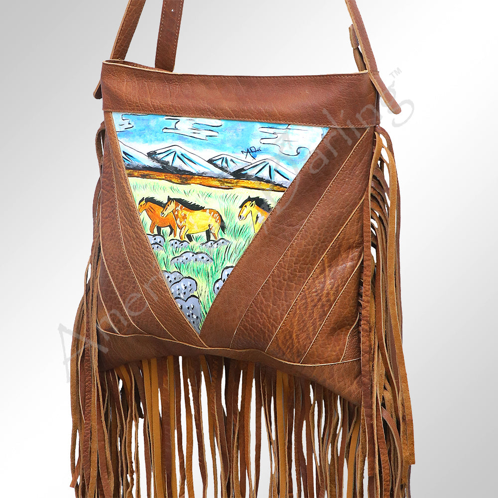 American Darling Large Cross body Bag, Hand Painted Western Scene, Fringed Vegetable Tanned Leather, 39in X 38in X 10in
