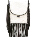White Leather Hairon Fringe Western Crossbody Bag With Twelve Inch Fringe Detail