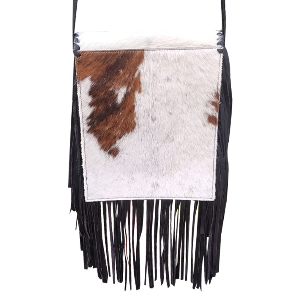 White Leather Hairon Fringe Western Crossbody Bag With Twelve Inch Fringe Detail