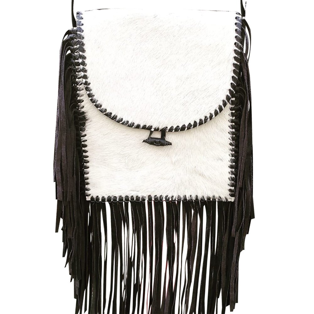 White Leather Hairon Fringe Western Crossbody Bag With Twelve Inch Fringe Detail