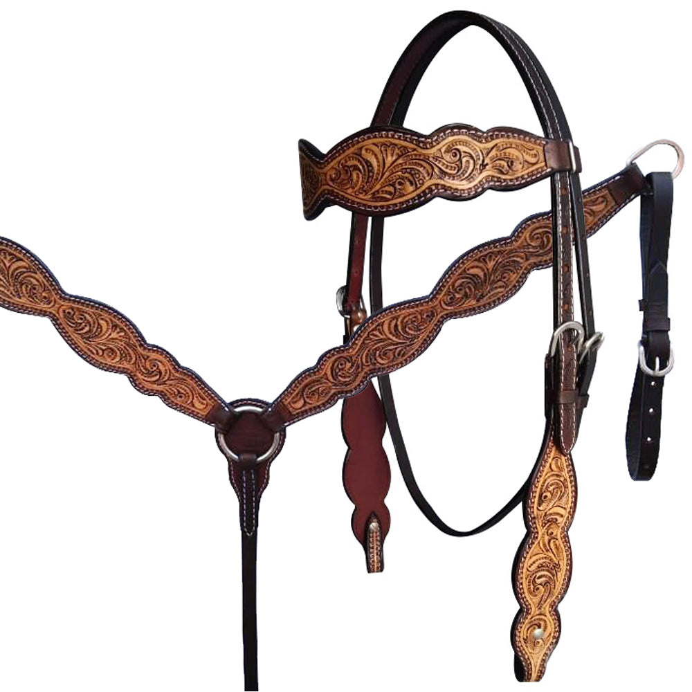 HILASON Western Horse Floral Headstall Breast Collar American Leather Tack Set