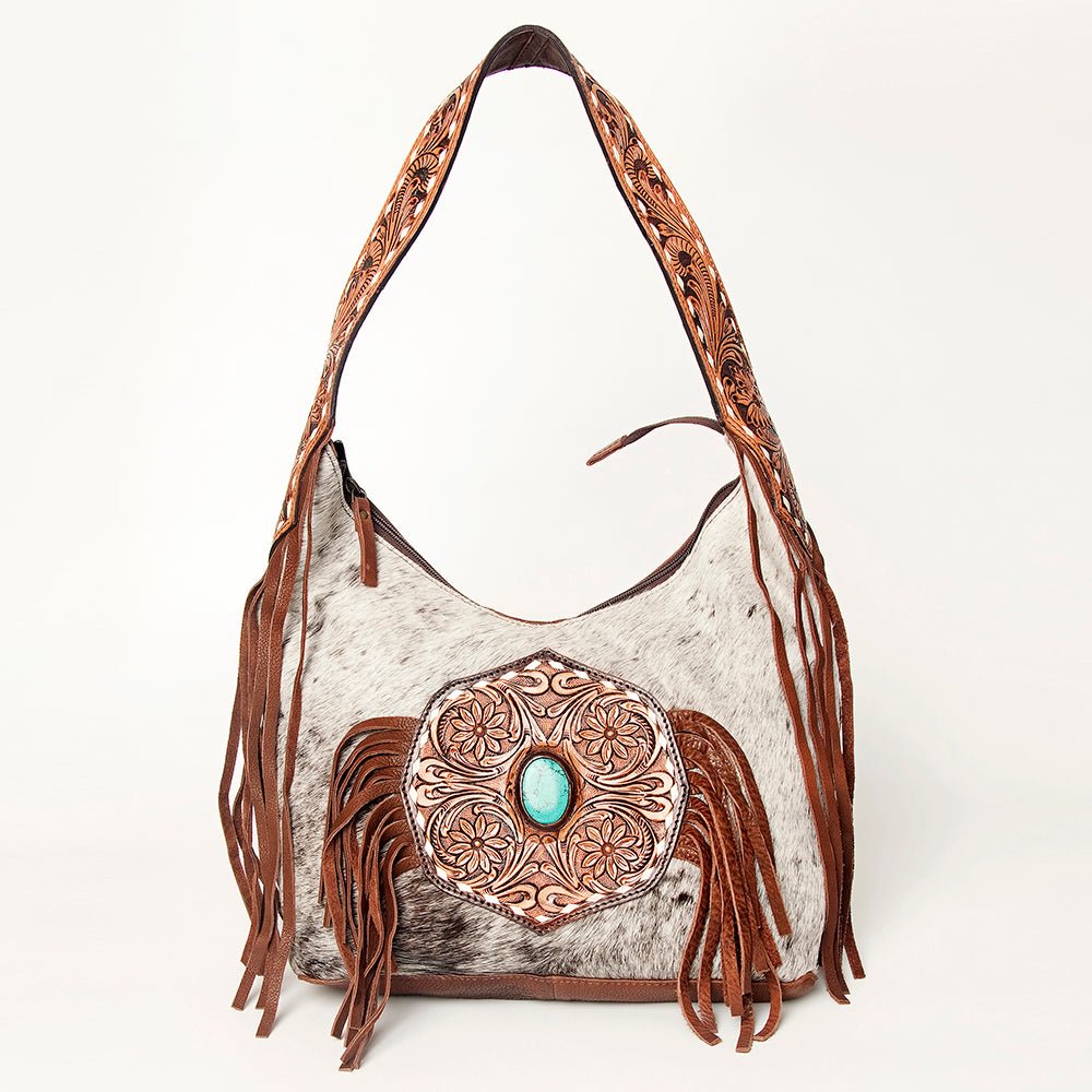 Western Style Leather Hobo Handbag With Hair On Cowhide