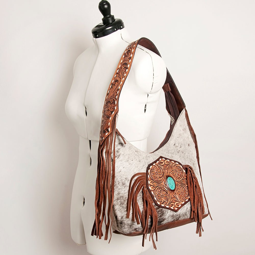 Western Style Leather Hobo Handbag With Hair On Cowhide