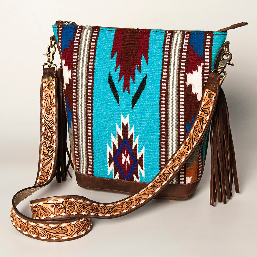 American Darling Fringed Saddle Blanket Large Cross body Bag Eco-Friendly Genuine Leather Floral Tooled YKK Zipper