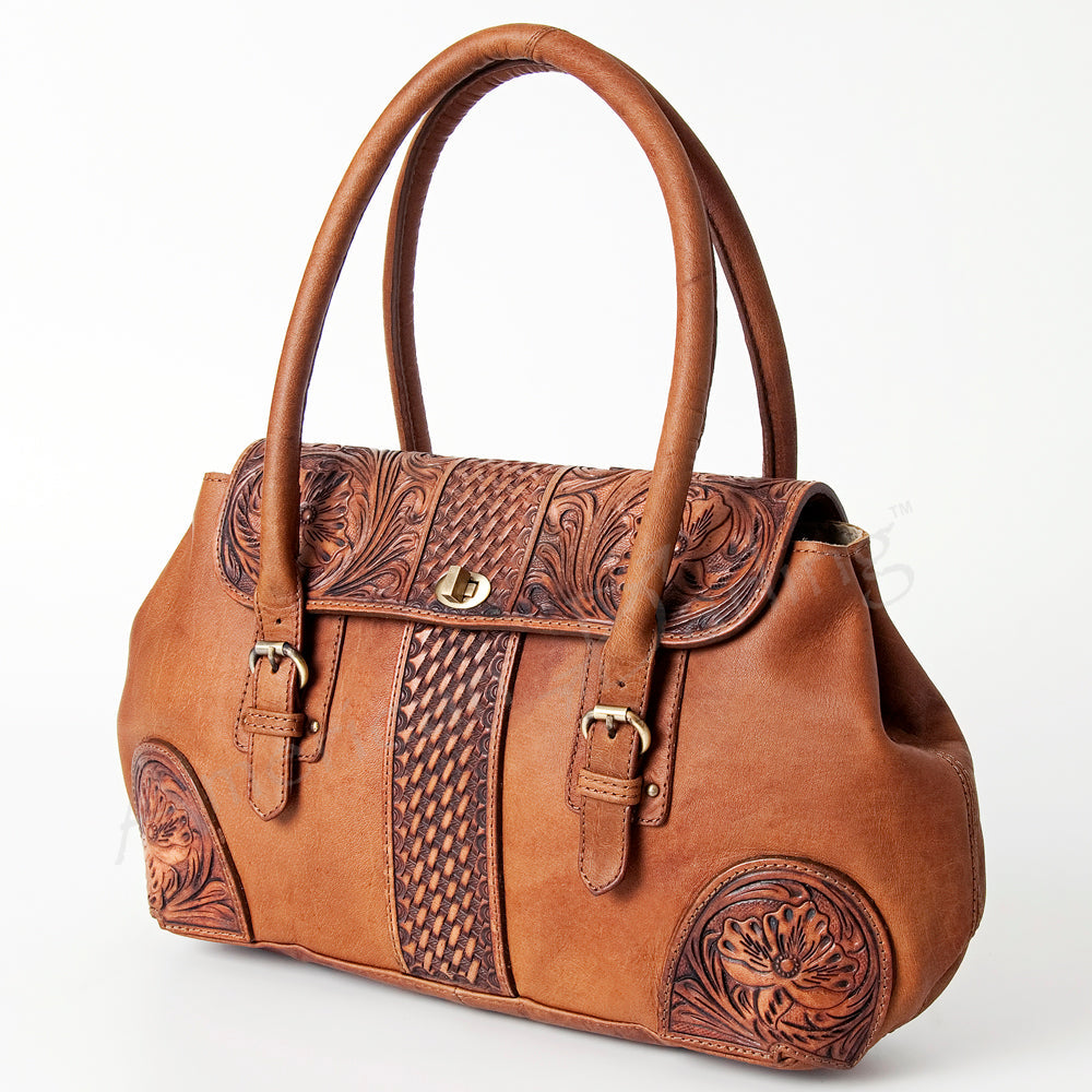 American Darling Speedy Bag, Hand-Tooled Floral Western Leather Purse, Hair-On Cowhide, Basket Weaving, 10in (H) X 16in (W) X 3.5in (D)
