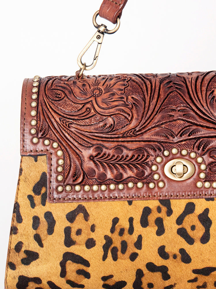 American Darling Leopard Print Leather Western Handbag with Top Handle
