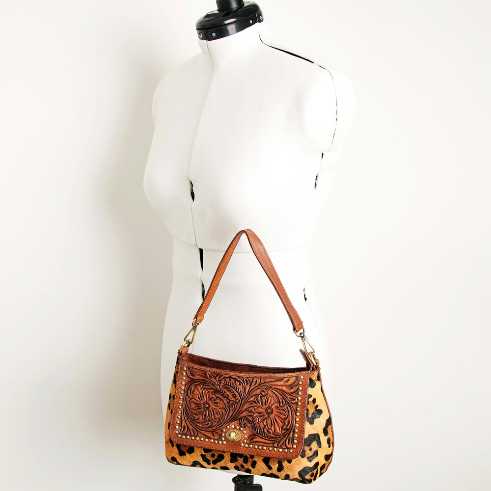 American Darling Hobo Bag, Hand-Tooled Floral Western Leather Purse with Hair-On Cowhide, 8.5in (H) X 12.5in (W)