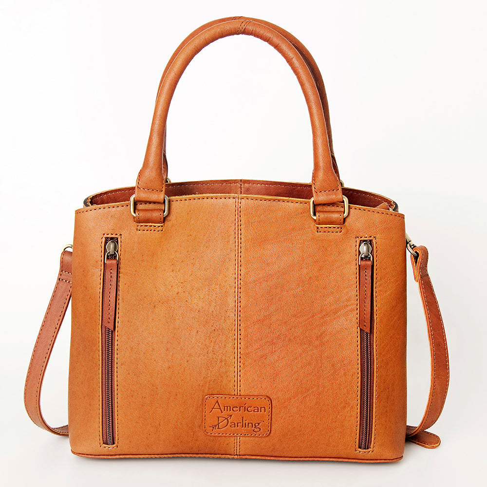 American Darling Tote Bag, Hand-Tooled Floral Western Leather Purse, Hair-On Cowhide Pattern, 9.25in (H) X 15.5in (W) X 5in (D)
