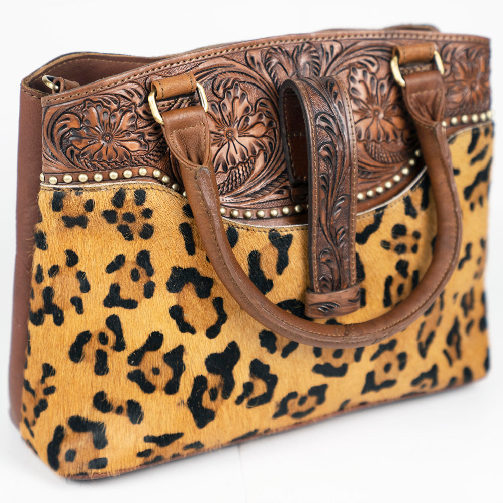 American Darling Tote Bag, Hand-Tooled Floral Western Leather Purse, Hair-On Cowhide Pattern, 9.25in (H) X 15.5in (W) X 5in (D)