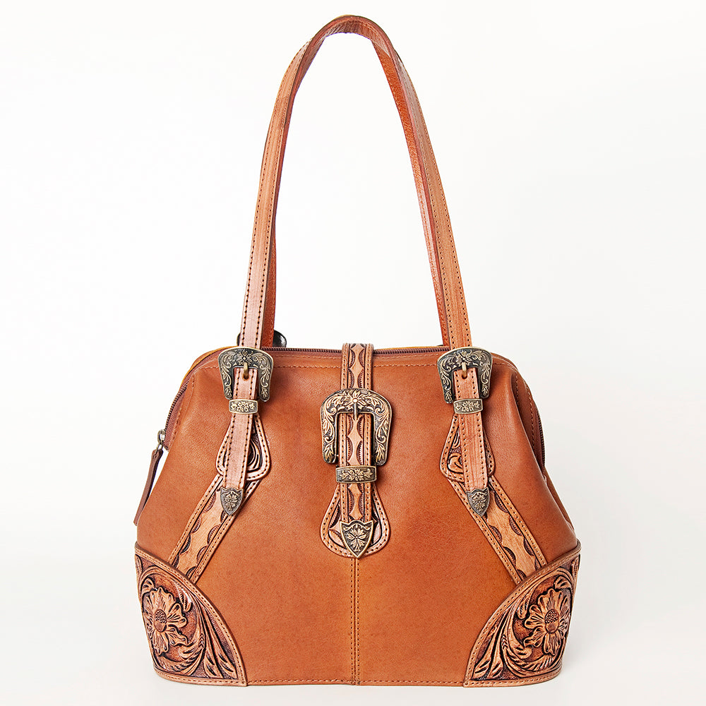 American Darling Tote Bag, Hand-Tooled Floral Western Leather Purse, Hair-On Cowhide Pattern, 10in (H) X 15in (W) X 5.5in (D)