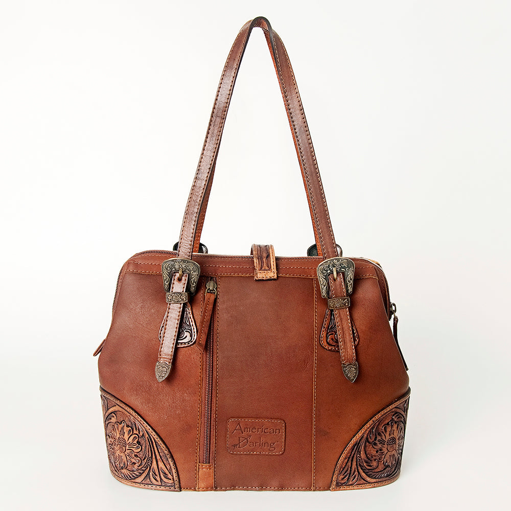 American Darling Tote Bag, Hand-Tooled Floral Western Leather Purse, Hair-On Cowhide Pattern, 10in (H) X 15in (W) X 5.5in (D)